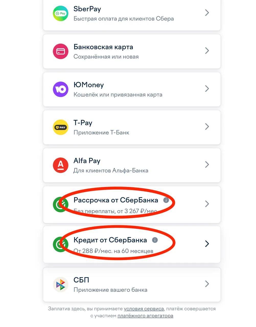 Шаг 2: выберите «Рассрочка от СберБанка» или «Кредит от СберБанка»
